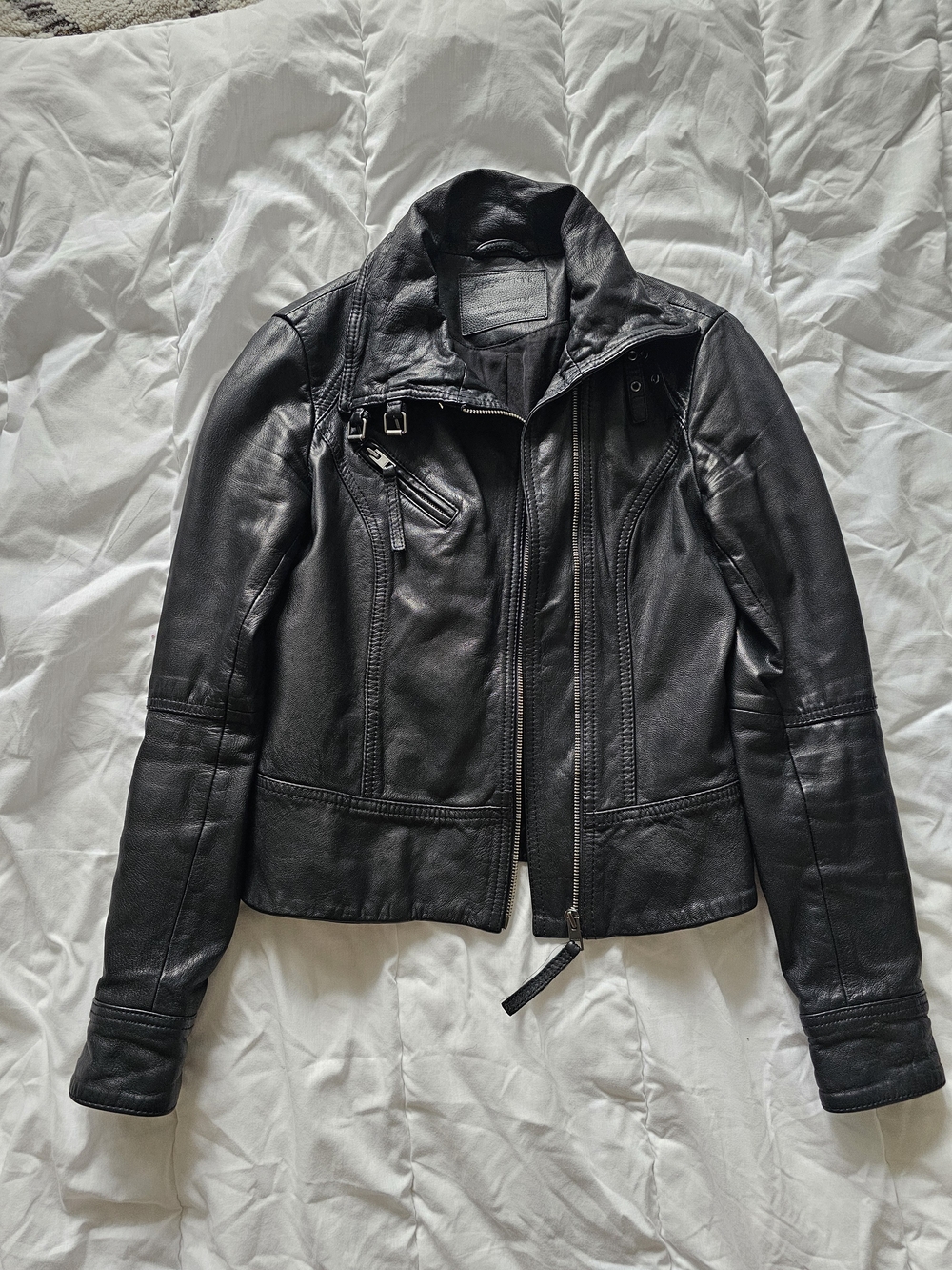 AllSaints Black Leather Moto Jacket with Asymmetrical Zip